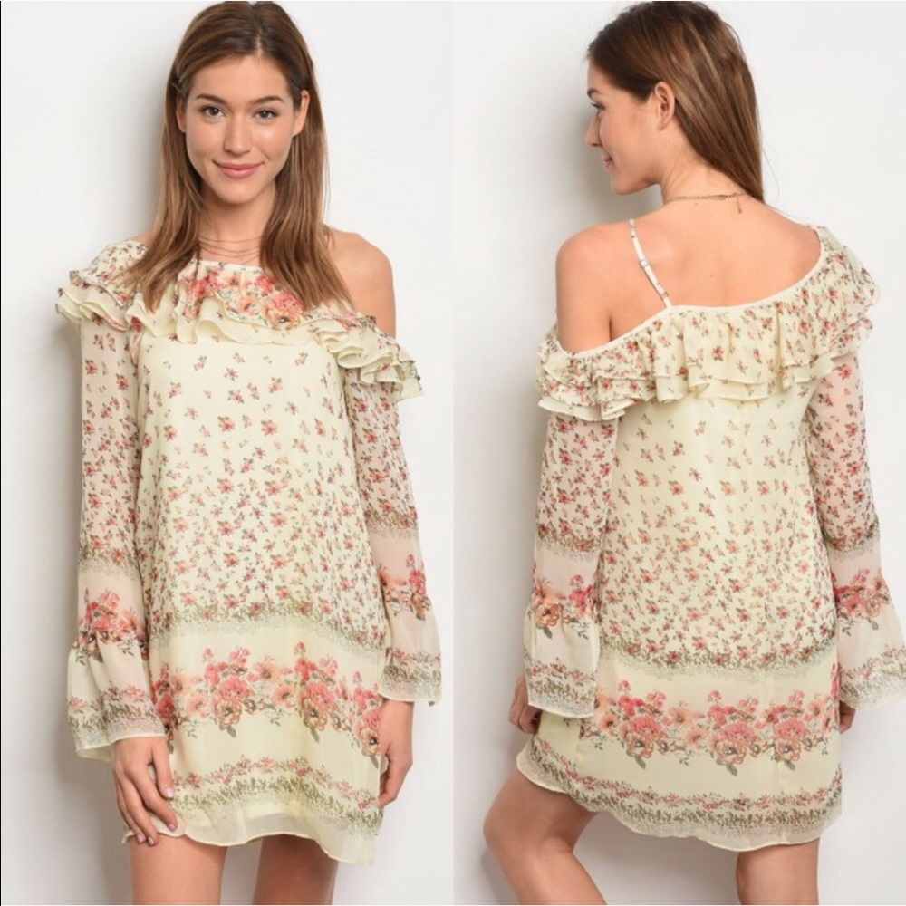 Ivory Floral Boho Off Shoulder Ruffle Tunic Dress - Picture 2 of 3